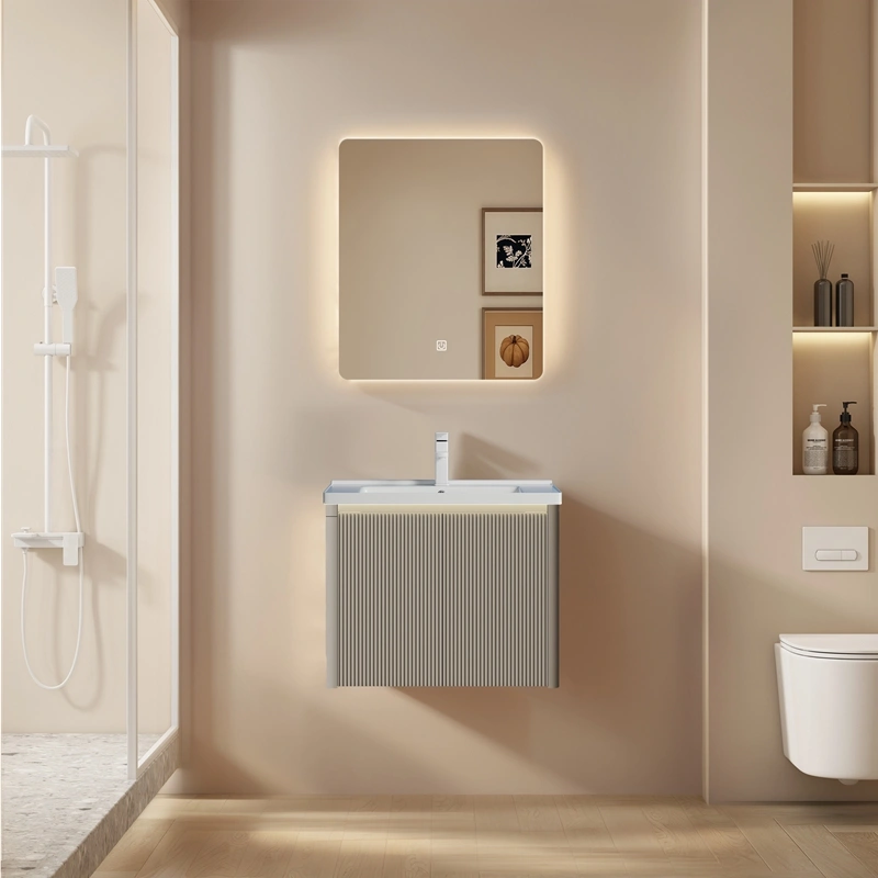 Wholesale Wall Mounted Bathroom Cabinet with Sink, Cream Style PVC Vanity with Fluted Double Doors & LED Mirror SJP1003