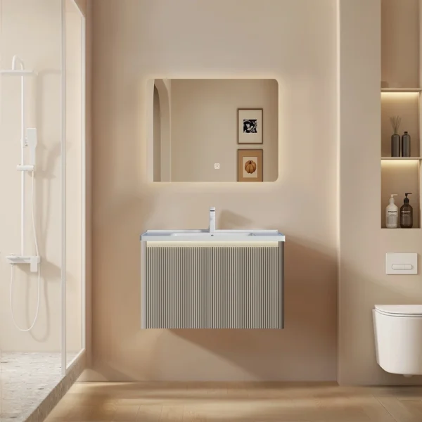Wholesale Wall Mounted Bathroom Cabinet with Sink, Cream Style PVC Vanity with Fluted Double Doors & LED Mirror SJP1003