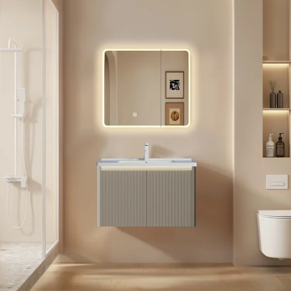 Wholesale Wall Mounted Bathroom Cabinet with Sink, Cream Style PVC Vanity with Fluted Double Doors & LED Mirror SJP1003